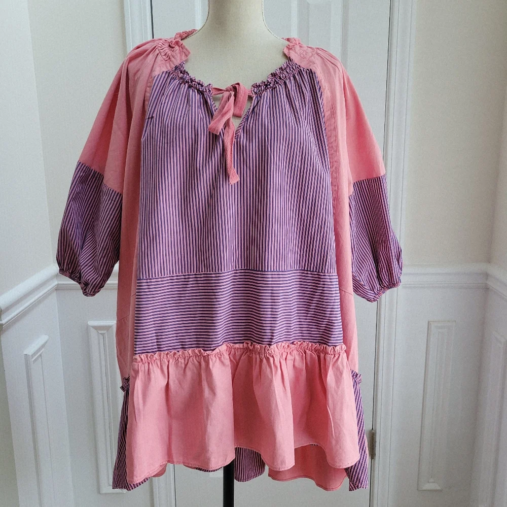 Free People Keegan Oversized‎ Tunic Dress Pink With Stripes Size XS